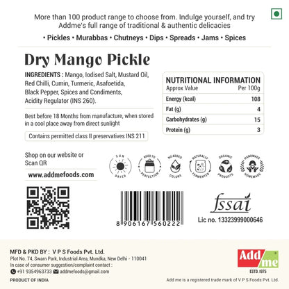 Dry Mango Pickle label with ingredients, nutritional information, and branding details.
