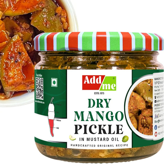 Jar of Adda Me dry mango pickle with a colorful lid on a white background