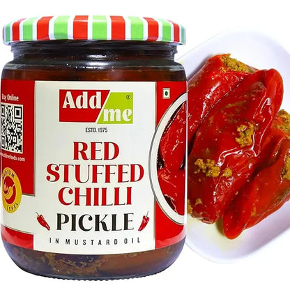 Jar of Add me Red Stuffed Chilli Pickle with a close-up of the pickle on a white plate. mango pickle, chilli pickle
