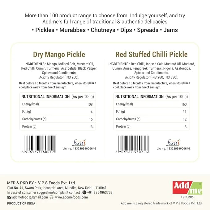 Back of a product packaging with text on ingredients, nutritional information, and branding. mango-pickle-chilli-pickle. mango pickle, chilli pickle