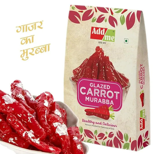 Add Me Foods: Box of Add Me Glazed Carrot Murabba with red carrot-shaped candies on a white background