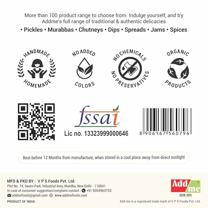 Add Me Foods: Back of a product packaging with certification logos, a QR code, and text about product range and ingredients.