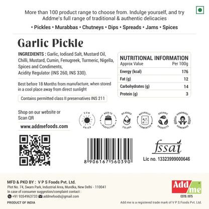 Garlic pickle label with ingredients, nutritional information, and branding details.