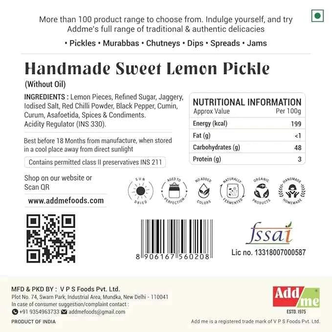 Hand Made Sweet Lemon Pickle Without Oil, Add Me Khatta Meetha