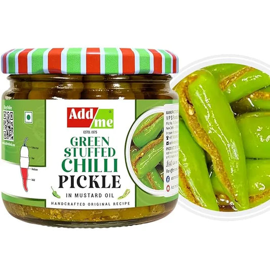 Jar of Addme Green Stuffed Chilli Pickle with a close-up of pickles on a white background
