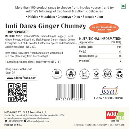 Back of a product label for Imli Dates Ginger Chutney with ingredients, nutritional information, and branding details.