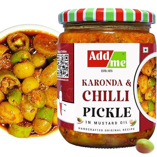 Jar of Add Me Karonda & Chilli Pickle with a close-up of pickles on a white background