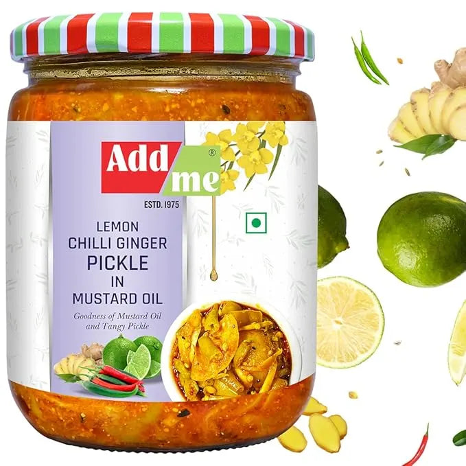 Jar of Add Me lemon chilli ginger pickle with ingredients on a white background