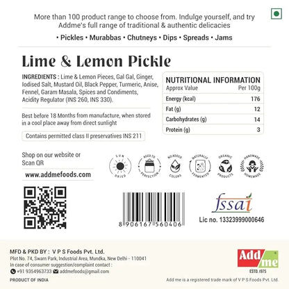 Back of a lime and lemon pickle packaging with nutritional information, ingredients list, and Addme branding.