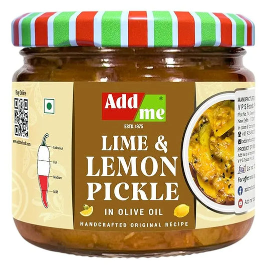 Jar of lime and lemon pickle with a colorful lid on a white background
