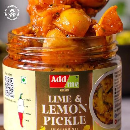 Jar of lime and lemon pickle with 'Add me' brand label.