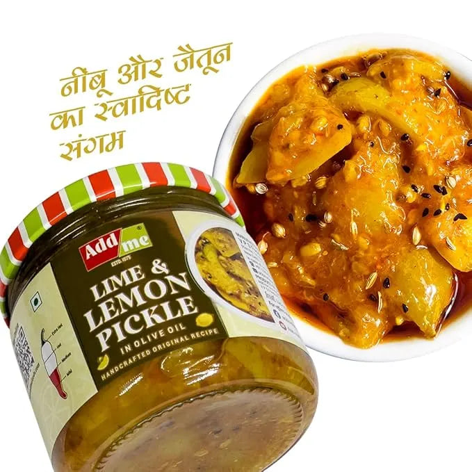 Jar of Add Me lime and lemon pickle with a bowl of pickle dish on a white background