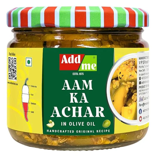 Jar of Aam Ka Achar with a colorful lid on a white background