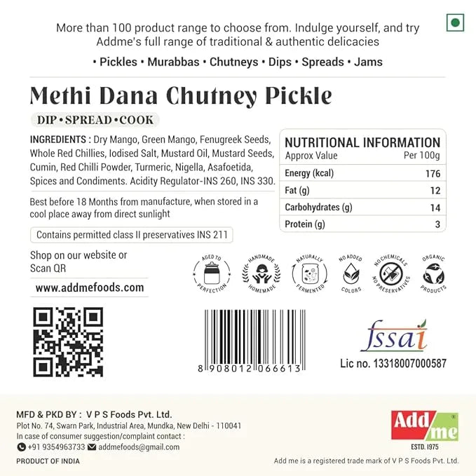 Methi Dana Chutney Pickle label with nutritional information, ingredients, and branding details.