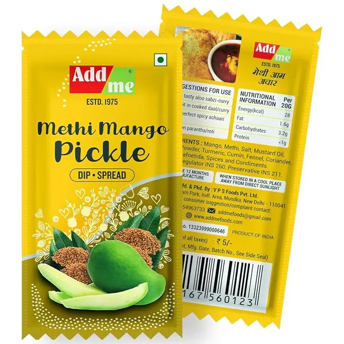 Add Me Foods: Yellow package of Add Me Methi Mango Pickle with green mangoes and spices on a white background
