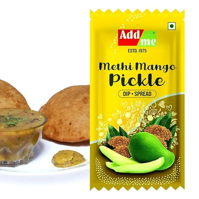 Add Me Foods: Add me Methi Mango Pickle packet with a bowl of pickle and bread slices on a white background