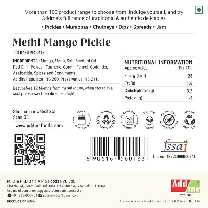 Add Me Foods: Methi Mango Pickle label with ingredients, nutritional information, and branding details.