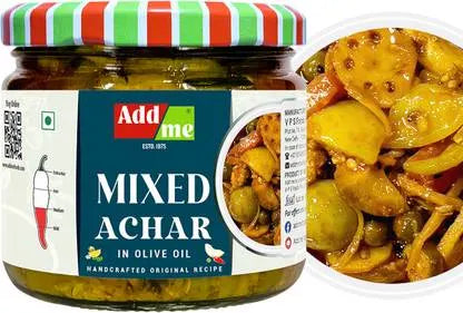 Add Me Foods: Jar of 'Add me Mixed Achar' with a side view of the pickled vegetables. mix achar