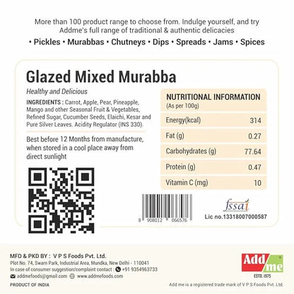 Add Me Foods: Product label for Glazed Mixed Murabba with nutritional information, ingredients, and Addme branding.