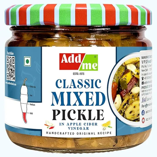 Jar of Add Me Classic Mixed Pickle with a colorful lid on a white background