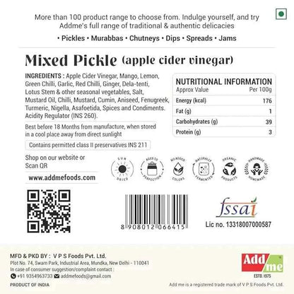 Mixed Pickle In Apple Cider Vinegar 500gm, Goodness Of Mixed Pickles, Sirka Wala Achar