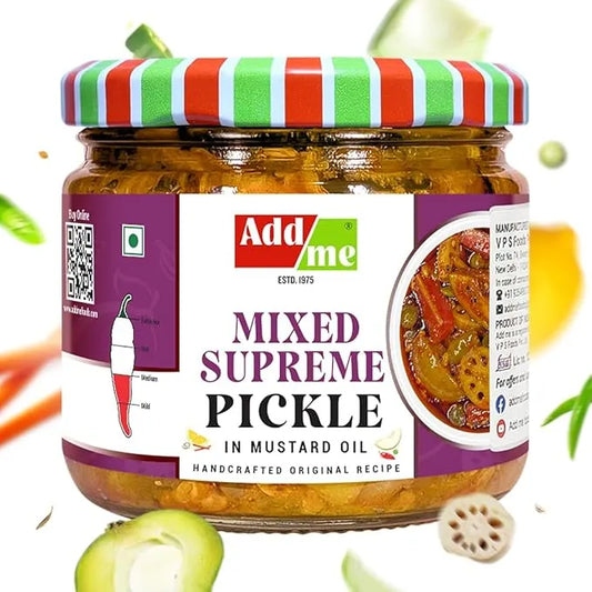 Jar of mixed supreme pickle with a colorful lid on a white background