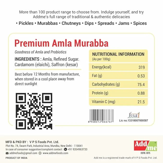 Add Me Foods: Product label for Premium Amla Murabba with nutritional information and branding details.