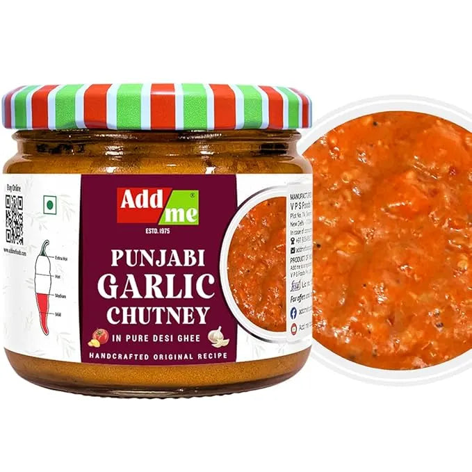 Jar of Punjabi Garlic Chutney with a colorful lid and close-up of chutney inside.
