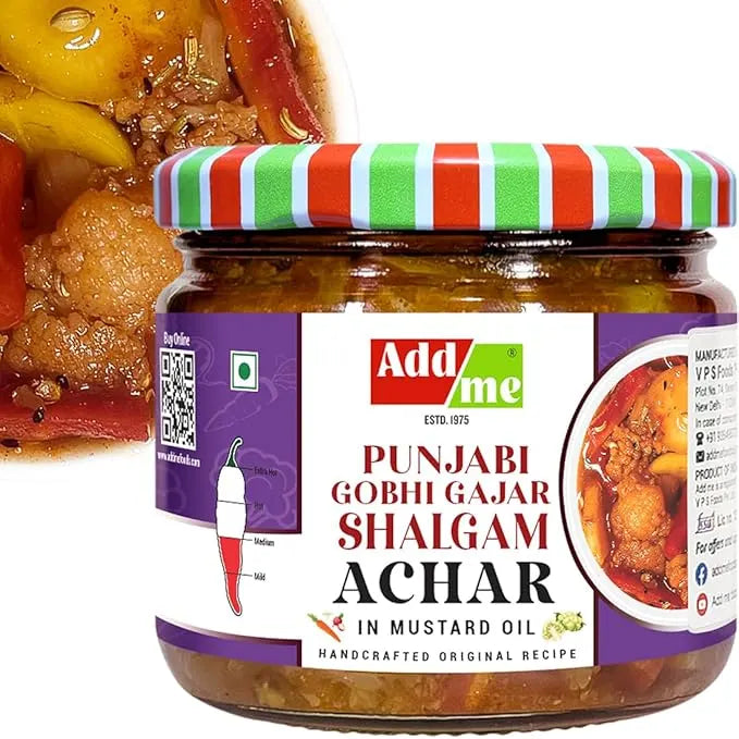Jar of Adda Me Punjabi Gobhi Gajar Shalgam Achar with colorful lid