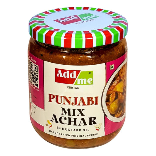 Jar of Add me Punjabi Mix Achar with colorful lid on a white background