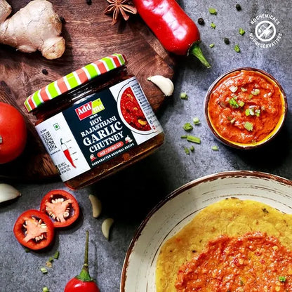 Jar of Amdo Hot Radish Garlic Chutney with ingredients on a wooden board