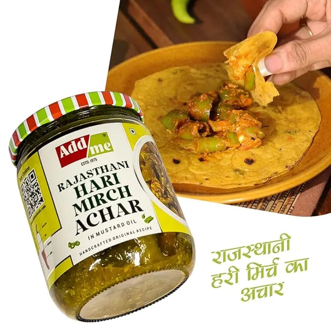Add Me Foods: Jar of Add Me Rajasthan Hari Mirch Achar with a tortilla and dip on a wooden plate.