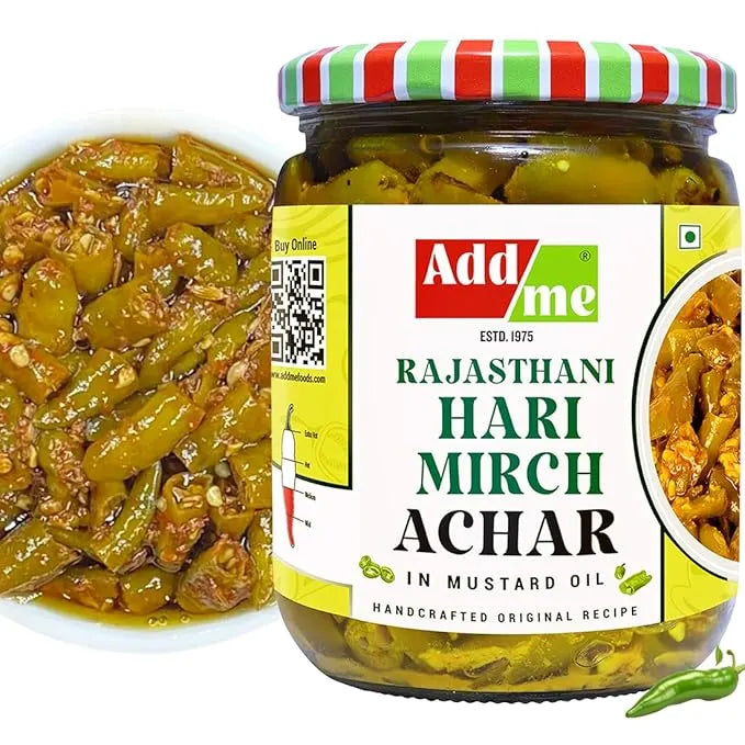 Add Me Foods: Jar of Add Me Rajasthani Hari Mirch Achar with a close-up of the pickled green chilies on a white background.