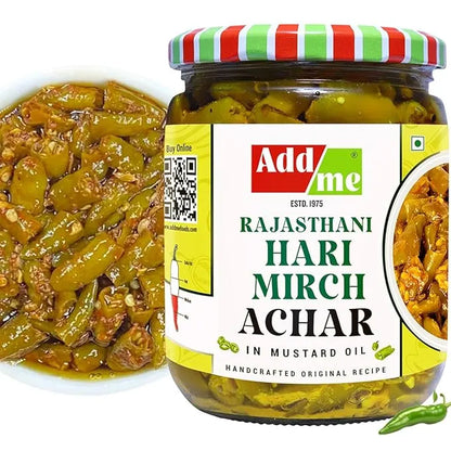 Add Me Foods: Jar of Add Me Rajasthani Hari Mirch Achar with a close-up of the pickled green chilies on a white background.