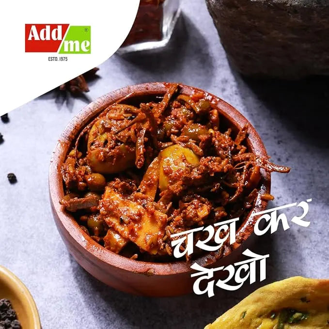 Spicy dish in a bowl with Addme logo and text in a foreign language on a gray background