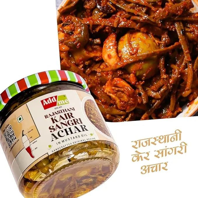 Jar of Add Me Rajasthan Kair Sangri Achar with a dish of pickled vegetables in the background