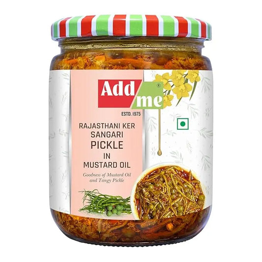 Jar of Add Me Rajasthani Ker Sangari Pickle with a colorful lid on a white background