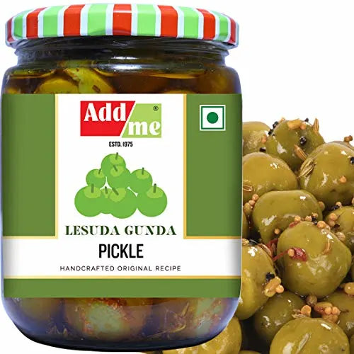 Jar of Add Me Lesuda Gunda Pickle with a close-up of pickles on a white background
