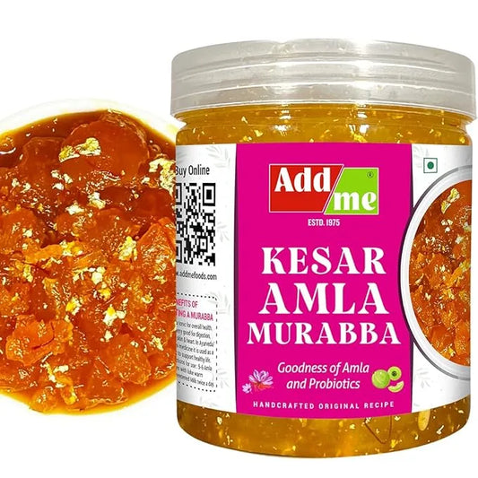 Jar of Kesar Amla Murabba with Add Me branding and a close-up of the product on a white background.