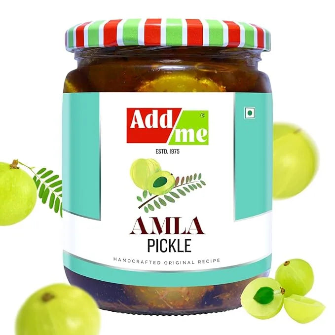 Jar of Amla pickle with 'Add me' label and amla fruits on a white background
