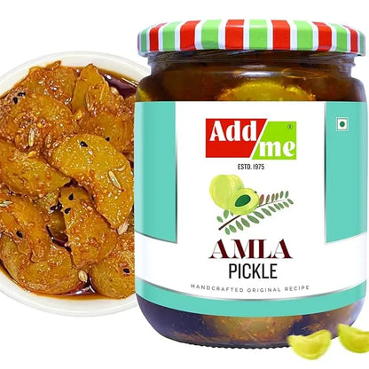 Jar of Add Me Amla pickle with a close-up of the pickle on a white background