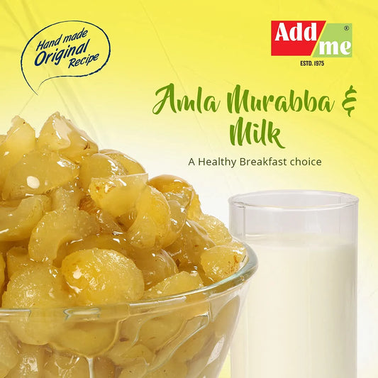 Add Me Foods: Bowl of Amla Murabba with a glass of milk on a yellow background, featuring Add Me brand.