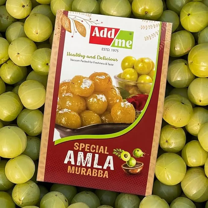Add Me Foods: Add Me Amla Murabba packaging on a background of green amla fruits