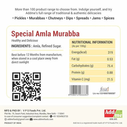 Add Me Foods: Product label for Special Amla Murabba with nutritional information and branding details.