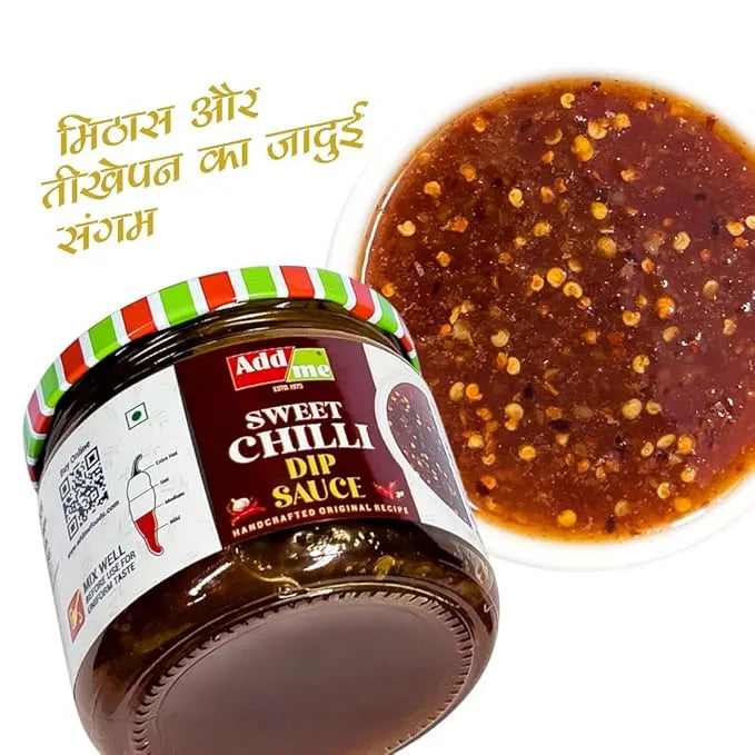 Add Me Foods: Jar of Add Me Sweet Chilli Dip Sauce with a bowl of the sauce on a white background