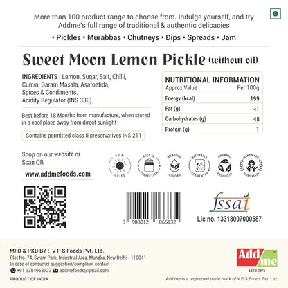 Back label of Sweet Moon Lemon Pickle with ingredients, nutritional information, and branding details.