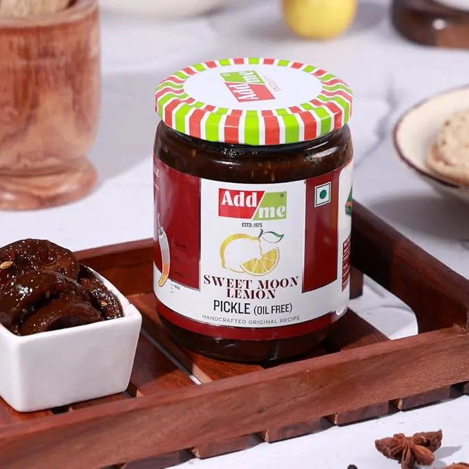 Jar of Add Me Sweet Moon Lemon Pickle on a wooden tray with a white background