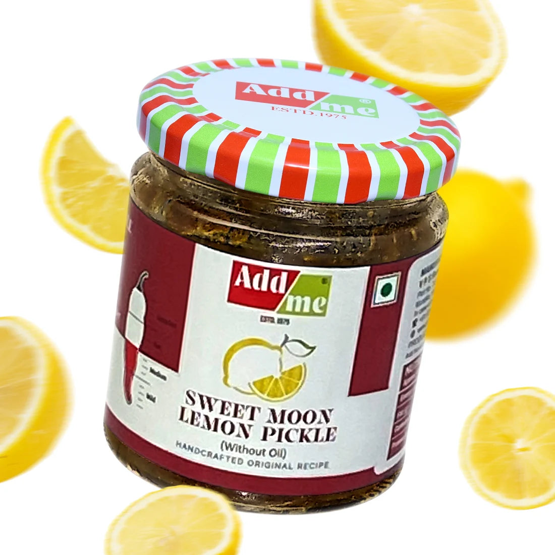 Jar of Add me Sweet Moon Lemon Pickle with a striped lid, surrounded by lemon slices on a white background, lemon pickle