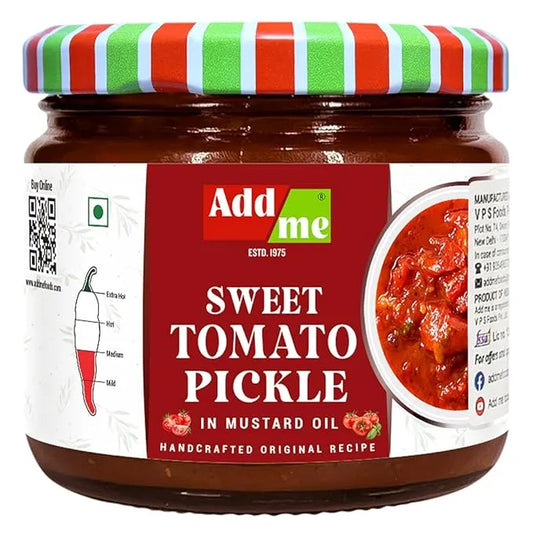 Jar of sweet tomato pickle with a colorful lid on a white background