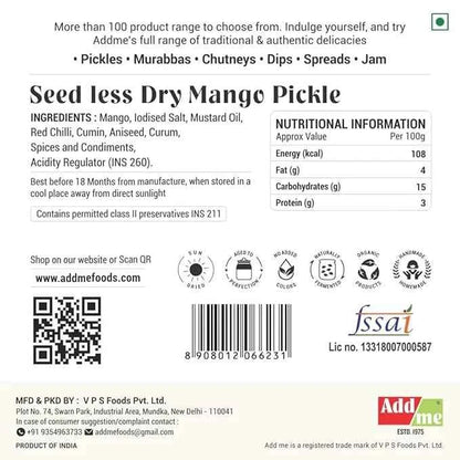 Traditional Dry Mango Seedless Pickle - Homemade Aam Ka Achar in Mustard Oil (500gm)